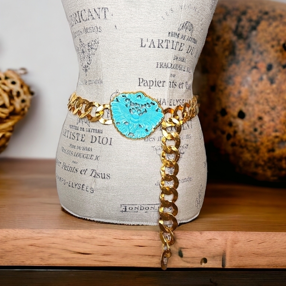 Kenneth Jay Lane Vintage Carved Blue Resin Moth Gold Satin Chain Belt - OS